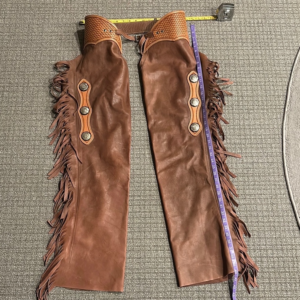 Old West Leather Co Riding Fringe Chaps Brown Leather Charro